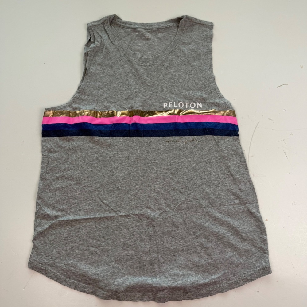 Spiritual Gangster Peloton Muscle Tank Top Gray Metallic Stripe Womens XL